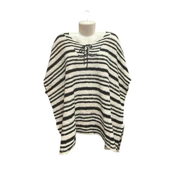 Mango Women's Black/White Striped Boho Lace-Up 100% Cotton Cape Sweater Sz S - Picture 7 of 7